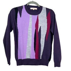Camela Sweater Womens Small Purple Merino Wool Knit Abstract Artsy Academia Crew